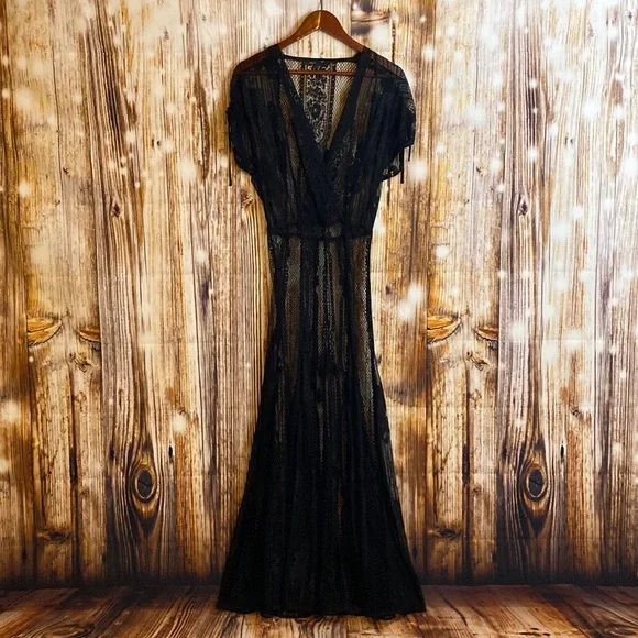 MAJE x Revolve Black Lace Maxi Gypsy Boho Goth Knit maxi Dress 1 Small